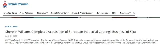 4月1日，宣偉在公司官網(wǎng)宣布，已經(jīng)完成了對西卡公司洲工業(yè)涂料業(yè)務(wù)的收購